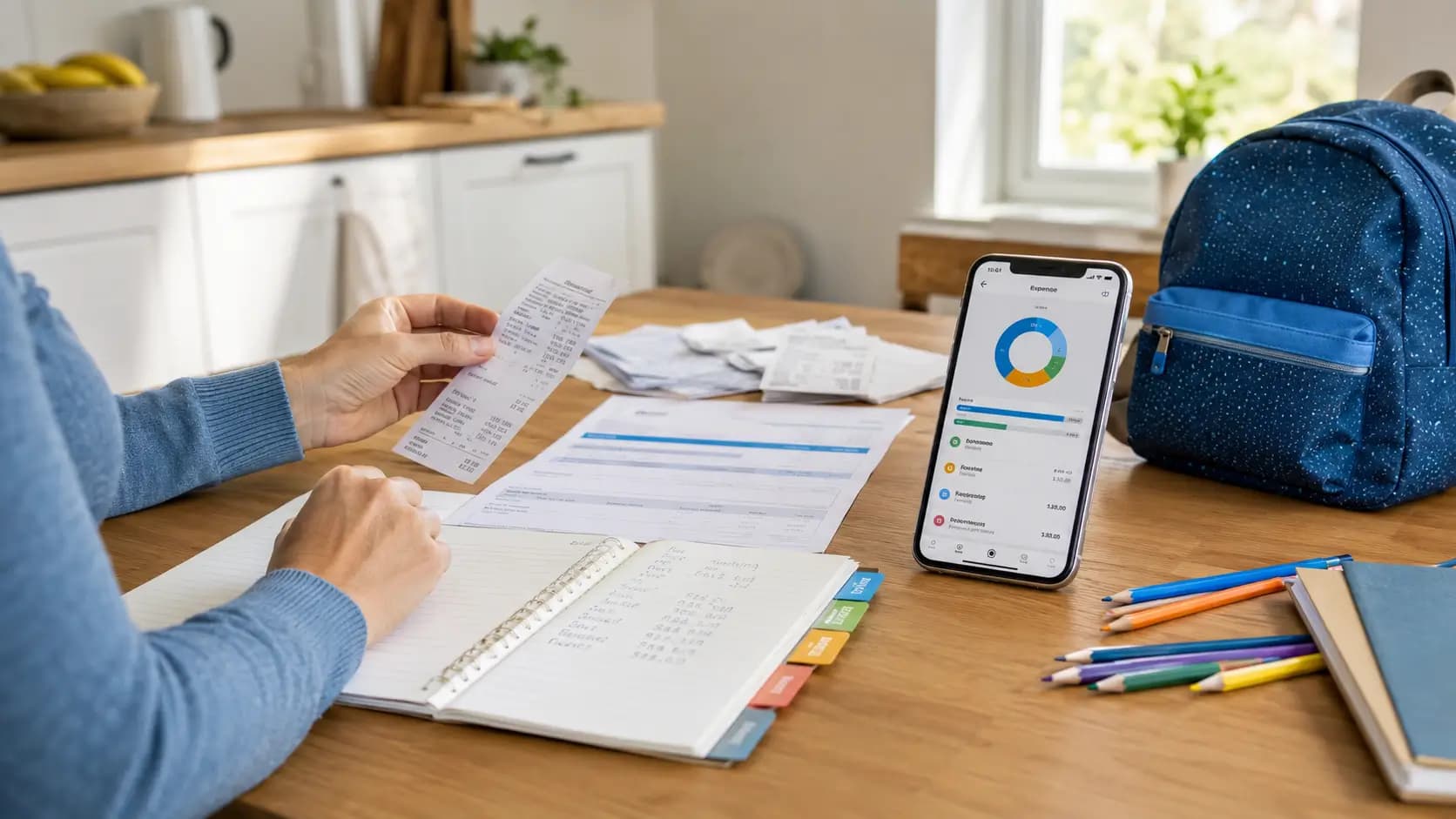 Parent organizing child-related expenses after divorce with receipts and a phone